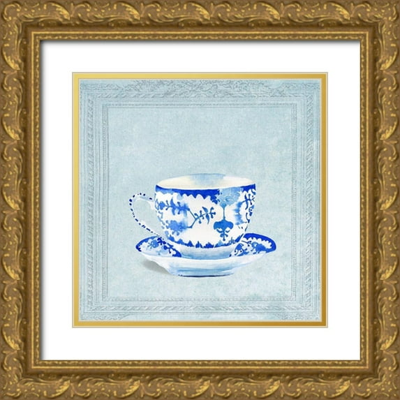 Dolzhenko, Anna 26x26 Gold Ornate Wood Framed with Double Matting Museum Art Print Titled - Watercolored Blue and White Tea Cup