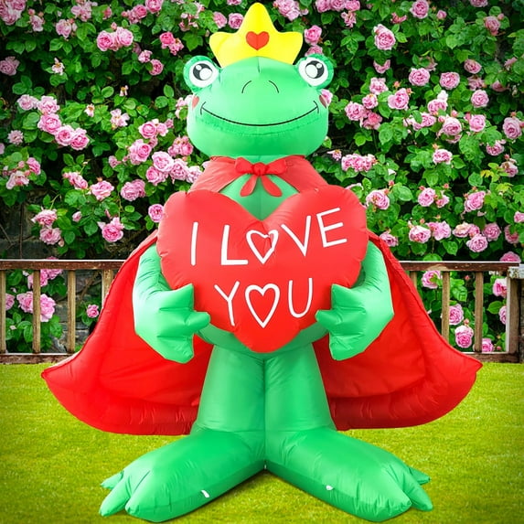 DeeKom 6 FT Valentine's Day Inflatable Outdoor Decoration Frog Prince Holding Love Heart, Lights Holiday Blow Up Yard Decoration for Holiday Party Garden Yard Lawn Spring Décor