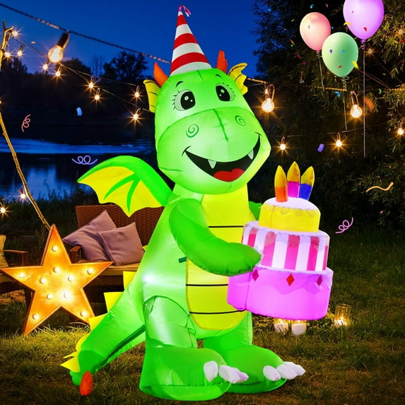 DomKom 6 ft Prelit Birthday Dinosaur Cake Yard Inflatable Decorations