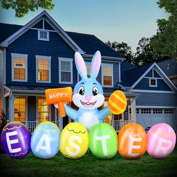 6FT Easter Inflatable Bunny Outdoor Decorations with Eggs, Build-in LED Lights Holiday Blow Up Yard Decoration, for Easter Holiday Party, Outdoor,Garden, Yard Lawn Dcor