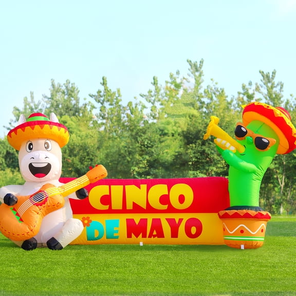 DomKom 8 FT Long Cinco De Mayo Inflatables Cactus and Donkey Outdoor Decorations,Mexican Party May 5 Taco Sombreros Glasses Built-in LEDs Light Fiesta Maracas Blow up for Garden Lawn Yard