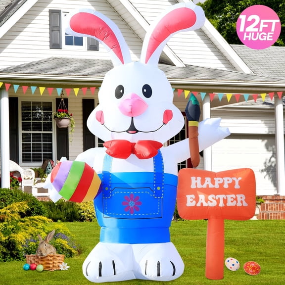 12FT Huge Easter Inflatable Decorations Standing Bunny Holding Egg and Paintbrush,Build-in LED Lights Holiday Blow Up Yard Decoration,for Easter Holiday Party,Indoor,Outdoor,Garden,Yard Lawn Decor