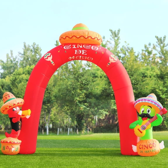 DomKom 9FT Cinco De Mayo Inflatables Outdoor Decorations,Blow Up Archway with Cactus and Chilly, Yard Colorful Mexican Carnival Festivals with Built-in LEDs for Garden Lawn Indoor Fiesta Decor