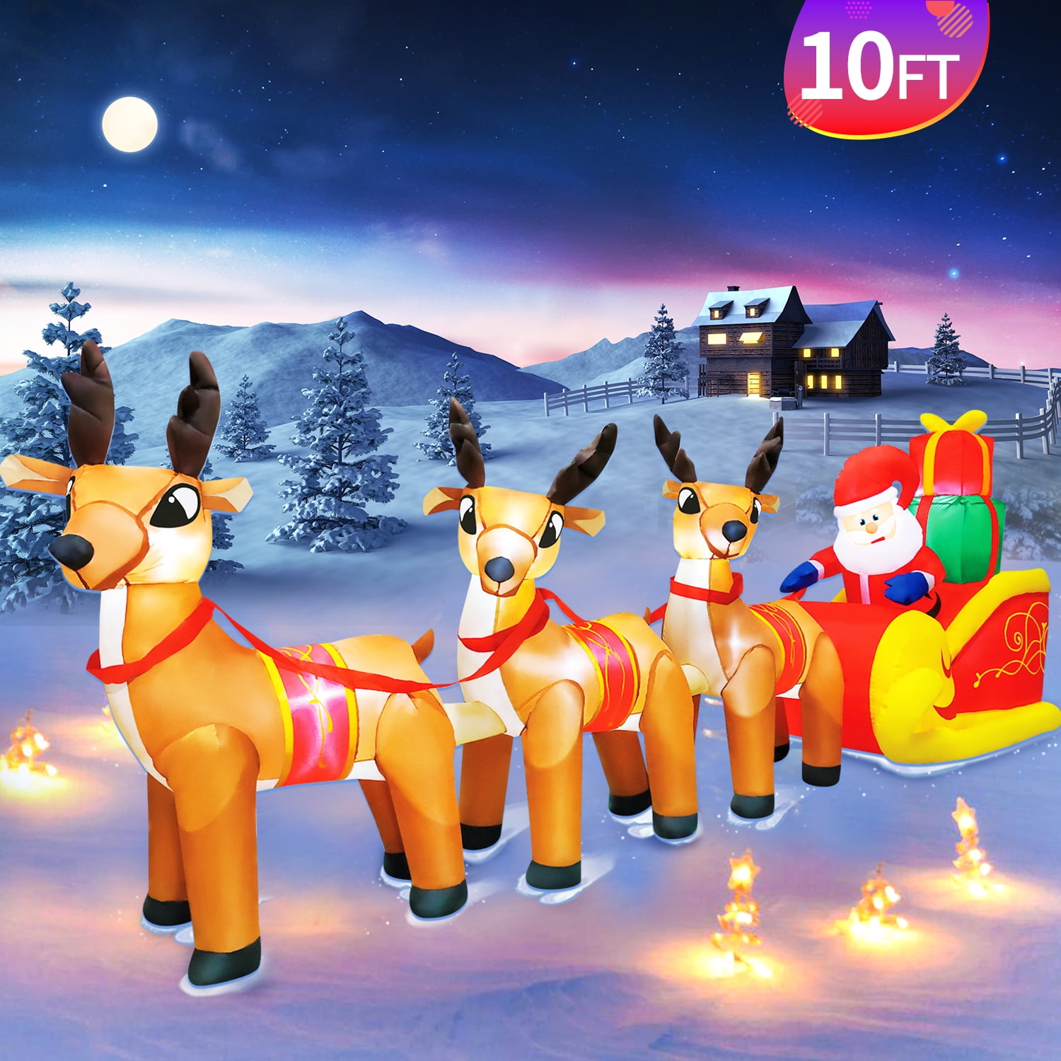 DeeKom 10' Christmas Inflatable Outdoor Decorations, Xmas Blow Up Santa Claus on Sleigh with 3 Reindeers, Built-In LED Lights