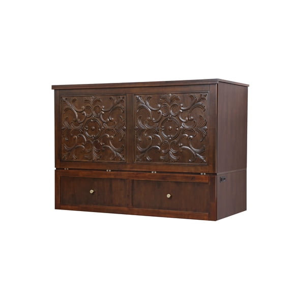 Domabella Murphy Cabinet Chest Bed with Charging Station 8 inch, Queen Size, Traditional Hand Carved Design (Tobacco)