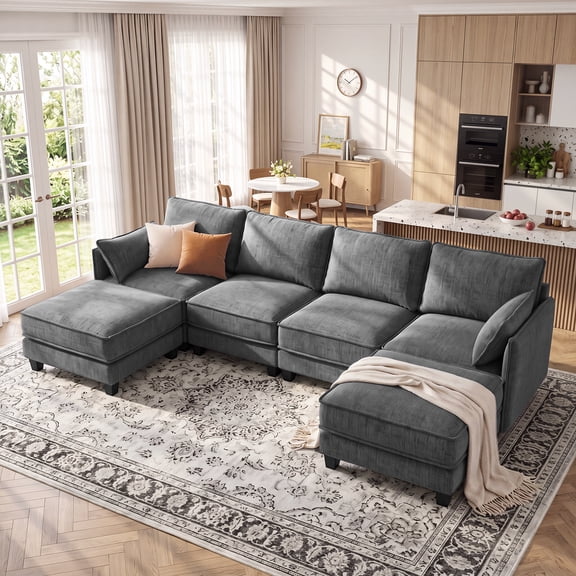 Domading 116” U shape Modular Sectional Sofa with Movable Ottomans, Modern Chenille Cloud Couches for Living Room , Dark Gray