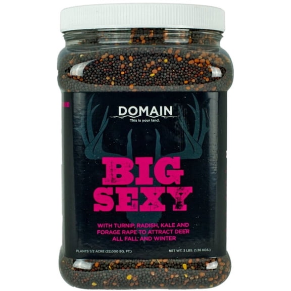 Domain Outdoor Big Sexy Food Plot Seed - 3 lb Covers 1/2 Acre - Premier Brassica Blend with Turnip Radish Kale and Rape for Whitetail Deer, Cold Hardy