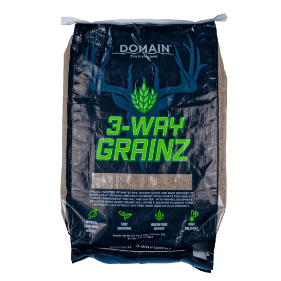 Domain Outdoor 3-WAY Grainz Food Plot Seed - Fast Growing Winter Rye Wheat and Oats - Cold Tolerant Fall Forage for Whitetail Deer and Turkey, 40 lb.