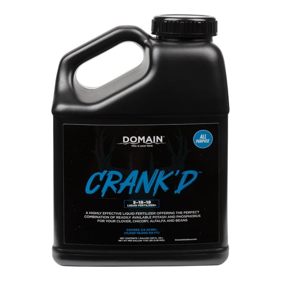 Domain Outdoor Crank’d Liquid Fertilizer Food Plot Supplement - High Efficiency Ortho-Phosphate 3-18-18 for Whitetail Deer Forage, 1 Gallon