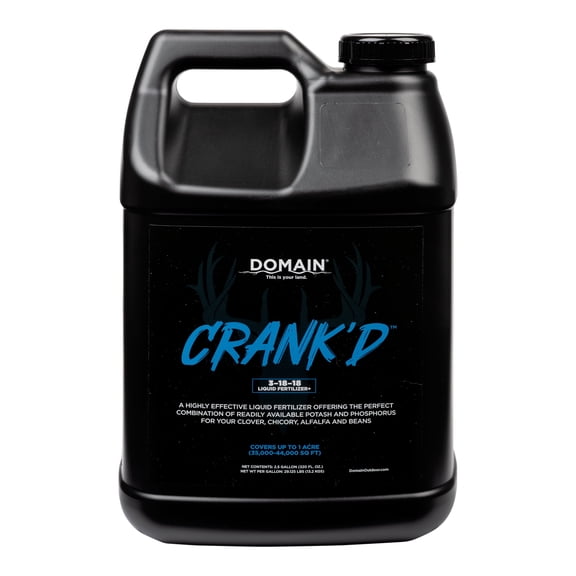 Domain Outdoor Crankd Liquid Fertilizer Food Plot Supplement - High Efficiency Ortho-Phosphate 3-18-18 for Whitetail Deer Forage, 2.5 Gallon