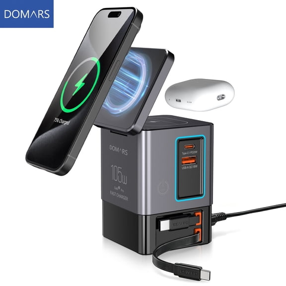 Domars 105W Fast Charging Wireless Charger, 6-in-1 Multi Charger Station with 2 65W Type-C Cables, Dual Wireless Charging Zones, Fast Charge for MacBook Pro, Multi-Device Charging Station