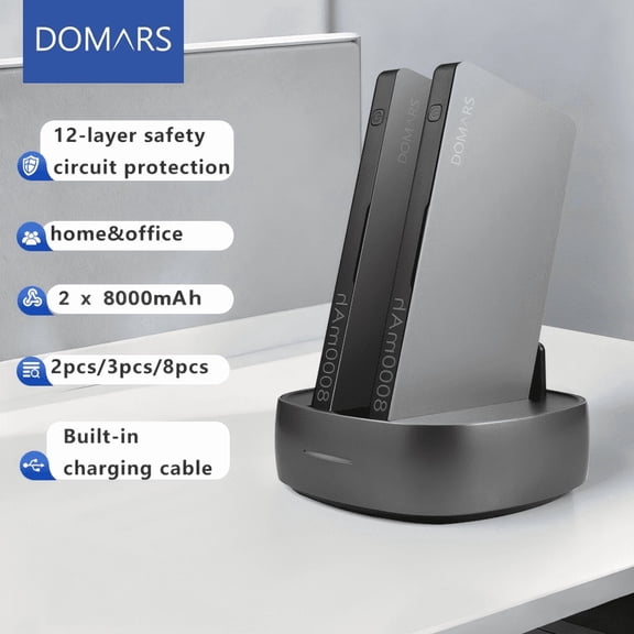 Domars 2pcs Power Bank Set with Charge Station Dock, 8000mAh Portable Charge Packs, External Battery Built-in 3-in-1 Charging Cables, Share Portable Charge Power Bank for Office Cafe Home Party