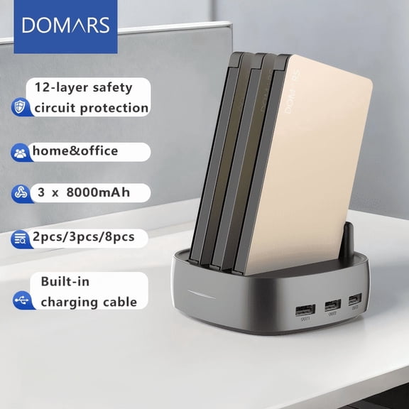 Domars 3pcs Portable Charge Set with Station Dock, 8000mAh Power Bank Packs, External Battery Built-in 3-in-1 Charging Cables, Share Portable Charge Power Bank for Office Cafe Home Party