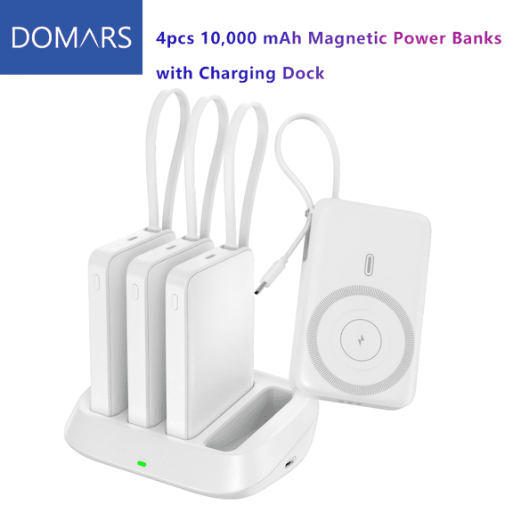 Domars Magnetic Power Bank Set, 4 Pack 10000mAh, Charging Dock Included, Built-In Type-C Cable, 20W & 22.5W PD Fast Charging, Two-Way Fast Charge