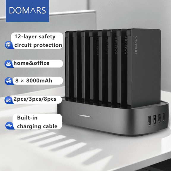 Domars 8pcs Portable Charge Set with Station Dock, 8000mAh Power Bank Packs, External Battery Built-in 3-in-1 Charging Cables, Share Portable Charge Power Bank for Office Cafe Home Party