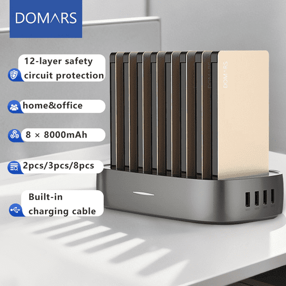 Domars 8pcs Power Bank Set with Charge Station Dock, 8000mAh Portable Charge Packs, External Battery Built‑in 3‑in‑1 Charging Cables, Share Portable Charge Power Bank for Office Cafe Home Party