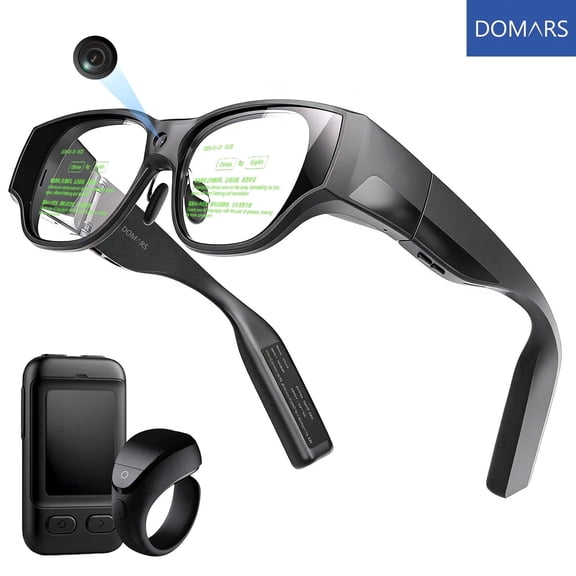 Domars AR Smart Glasses, 150" 1080P Micro-OLED Display, 16MP Camera, 3DoF Ring Control, Android 14, 8G+128G, 36° FOV, Light Waveguide Lens for Streaming & Office AR Smart Glasses