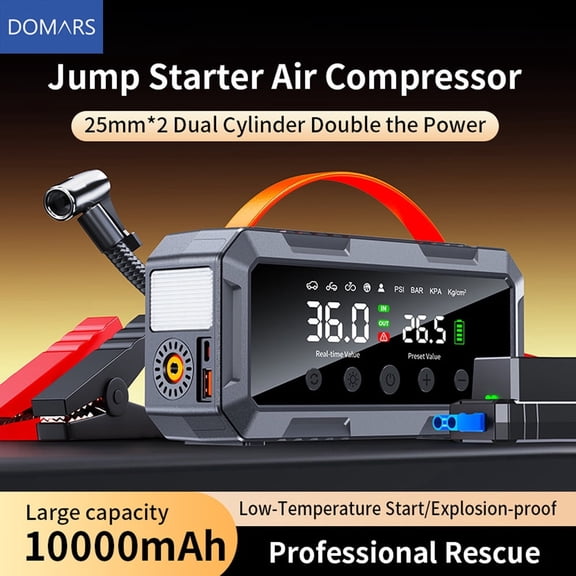 Domars Car Jump Starter with Air Compressor, 2000A 10000mAh 12V Portable Car Battery Jump Box, Tire Inflator with LED Light, USB Emergency Power Bank for Truck SUV Motorcycle