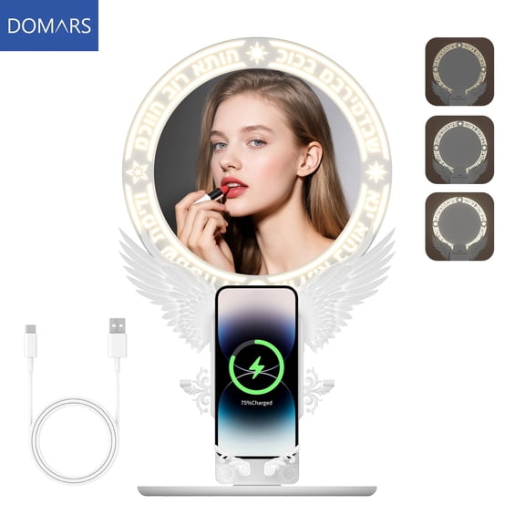 Domars LED Makeup Mirror, 15W Wireless Charging Vanity Mirror with Phone Holder, 20cm/7.87inch HD Adjustable Brightness Makeup Mirror with 45 Rotation & Stable Base, Gift for Women