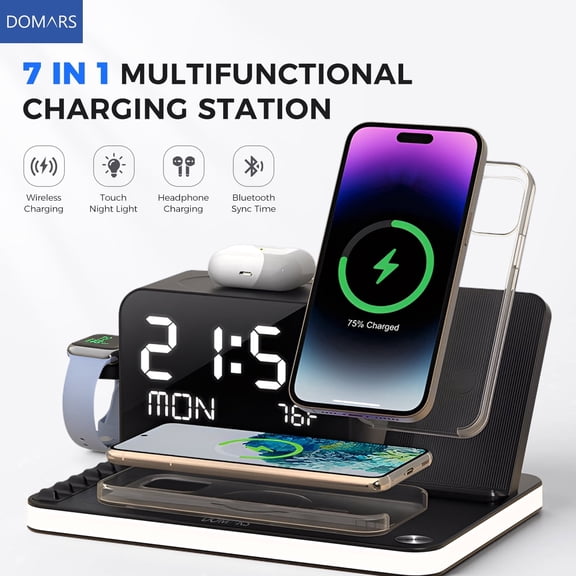 Domars Multifunctional 7-in-1 Wireless Charging Station, 4 Wireless Charging Spots Charges 2 Phones, Watch, Earbuds Simultaneously, Built-in LED Clock, Temperature Display & Touch Night Light