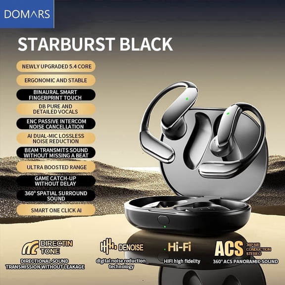 Domars Open Ear Bluetooth 5.4 Sports Headphones, AI Noise Canceling Calls, 45° Ergonomic Open Design, 360° Spatial Audio, 30H Battery, Touch Control, Sweatproof Wireless Earbuds for Running Daily Use