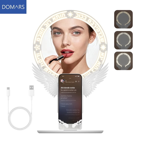 Domars Self-Cleaning LED Makeup Mirror, 15W Wireless Charging Vanity Mirror with 2X Magnification, Adjustable Brightness & Angle, 2000mAh Rechargeable Lighted Mirror with Phone Stand