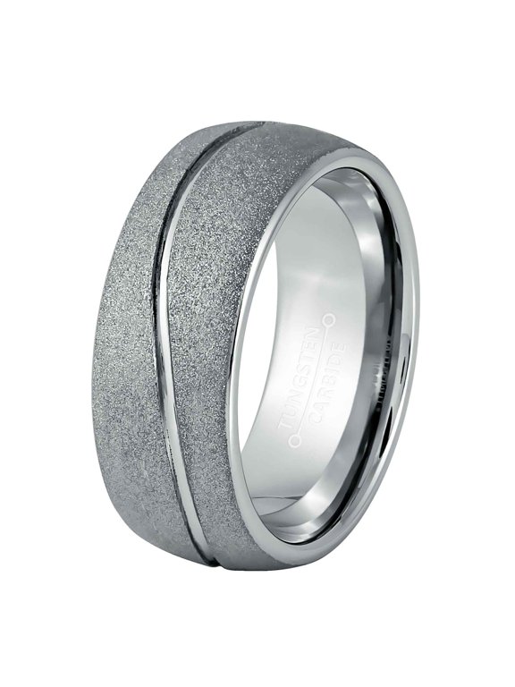 Baseball Stitch Grooved Wedding Band, Dome Tungsten Carbide, Sandblasted, 8MM