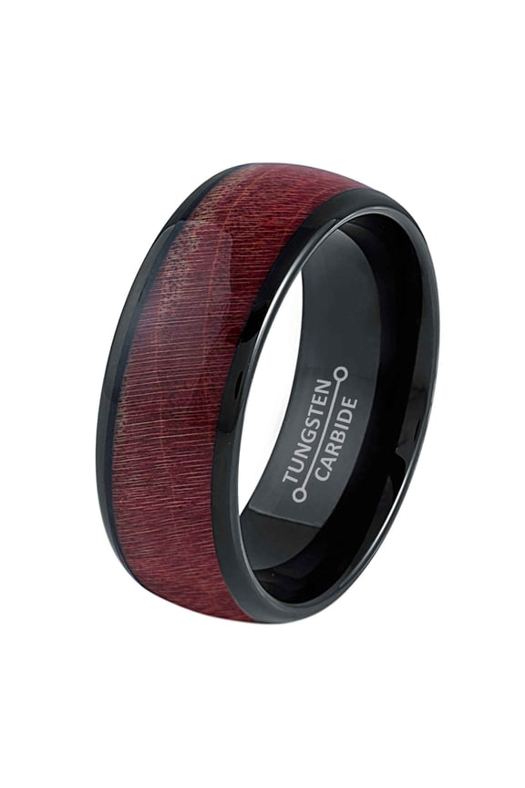 Dome Black IP 8mm Dyed Burgundy Hue Solidified Wood Wedding Band Comfort Fit - Mens Tungsten Carbide Ring - #1015s12.5