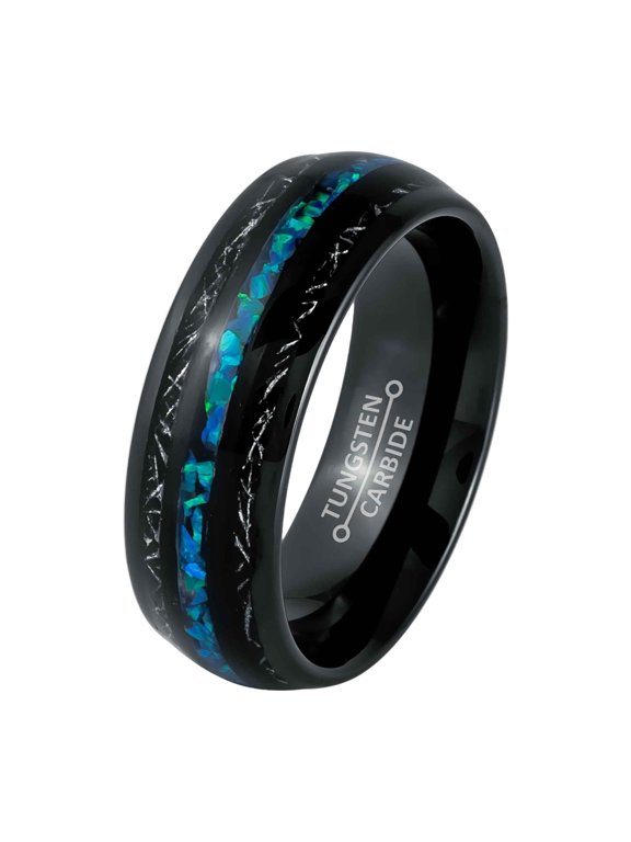 Titanium & Opal Inlay Mens Wedding Band Black Tungsten Carbide Engagement Ring 8MM