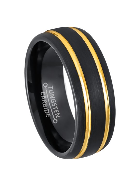 Dome Black IP 8mm Two Yellow IP Grooves Wedding Band Comfort Fit - Mens Tungsten Carbide Ring - #988s11.5