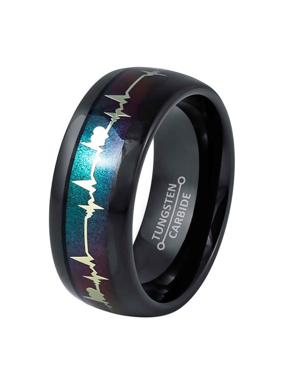 Dome Black Tungsten Carbide Ring, EKG Cutout, LGBTQ Inspired Wedding Band, Unisex