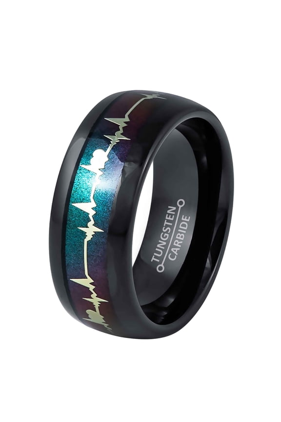 Dome Black Tungsten Carbide Ring, EKG Cutout, LGBTQ Inspired Wedding Band, Unisex
