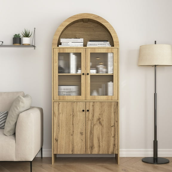 Dome Cabinet, Corrugated Cabinet Doors, Vintage Round Handles, Tiered Storage Compartments for Living Room/Dining Room(Natural)