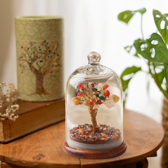 Dome Crystal Chakra Tree, Encased Gemstone Bonsai For Healing, Multicolor | For Energy Balance | Spiritual Tree Of Life With Natural Crystals For Positive Vibes | Perfect For Gift & Home Dcor