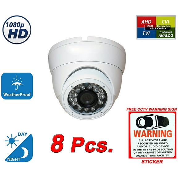 Evertech Dome Security Camera 2.4MP 1080P HD Waterproof Outdoor Indoor Wide Angle 3.6mm Lens For Home CCTV Camera System w/ free CCTV Warning Sign 8 Pack