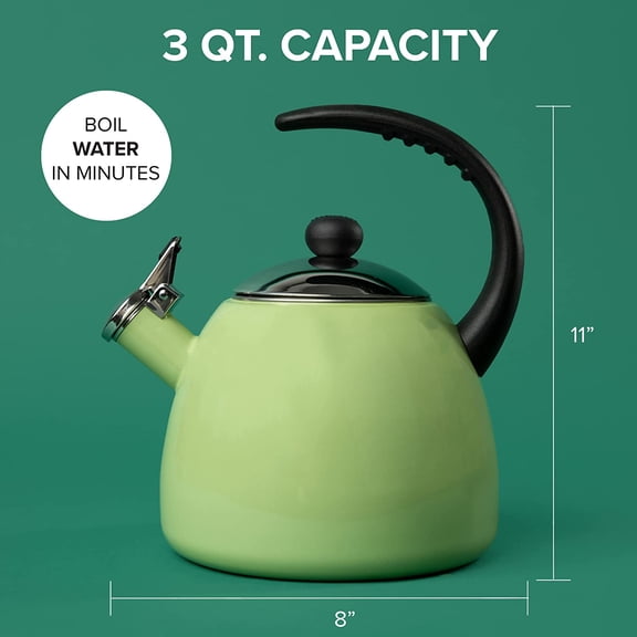 Dome Tea Kettle, Whistling Teapot, Porcelain Enamel on Carbon Steel, BPA-Free, Rust-Proof, Cool Handle, 3 qt, 12 Cup Capacity, Granny Apple