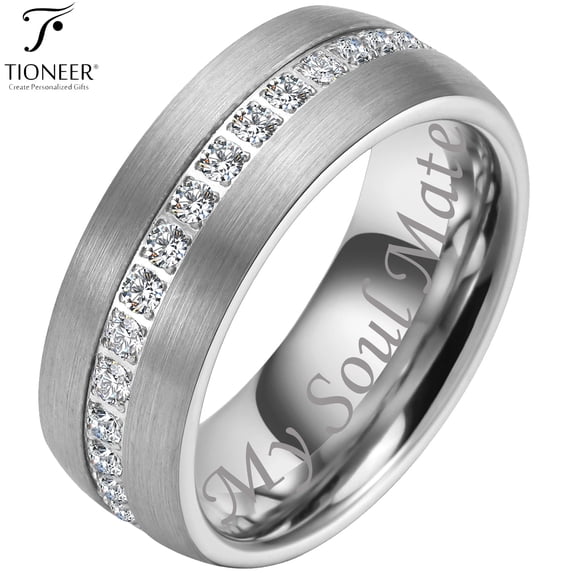 Dome Tungsten Carbide Ring w Eternity Cubic Zirconia in Silver Gold or Black w Black CZ