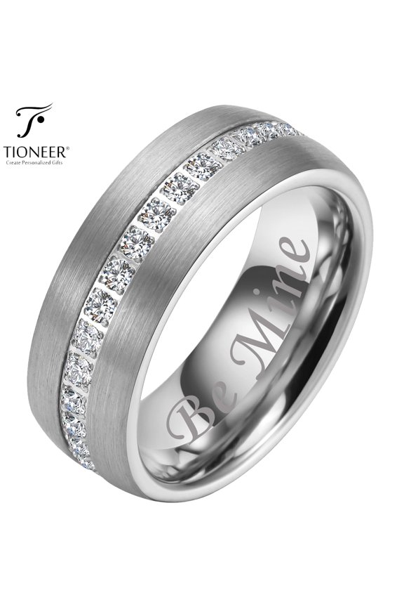 Dome Tungsten Carbide Ring w Eternity Cubic Zirconia in Silver Gold or Black w Black CZ