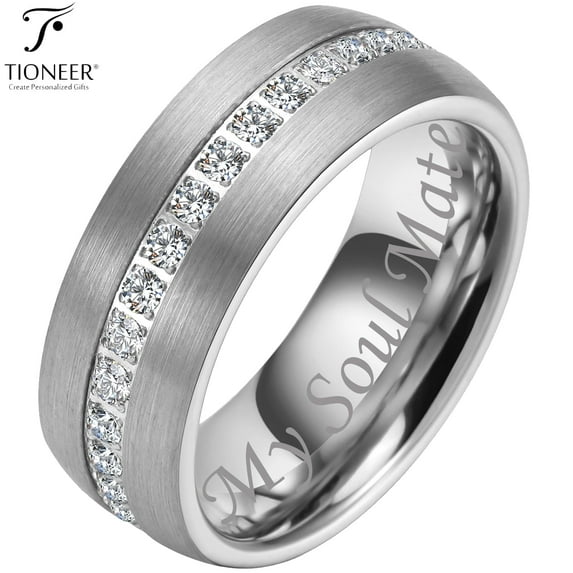 Tioneer Tungsten Carbide Ring Dome w Eternity Cubic Zirconia in Silver Gold or Black w Black CZ