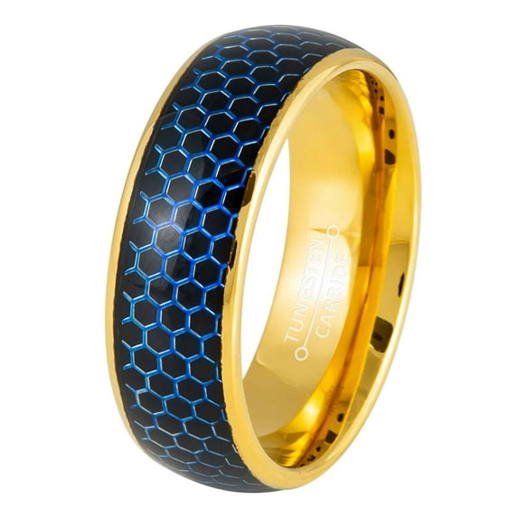 Jewelry Avalanche Blue Honeycomb Mens Wedding Band, Gold Tungsten Carbide, Engagement Ring 8MM