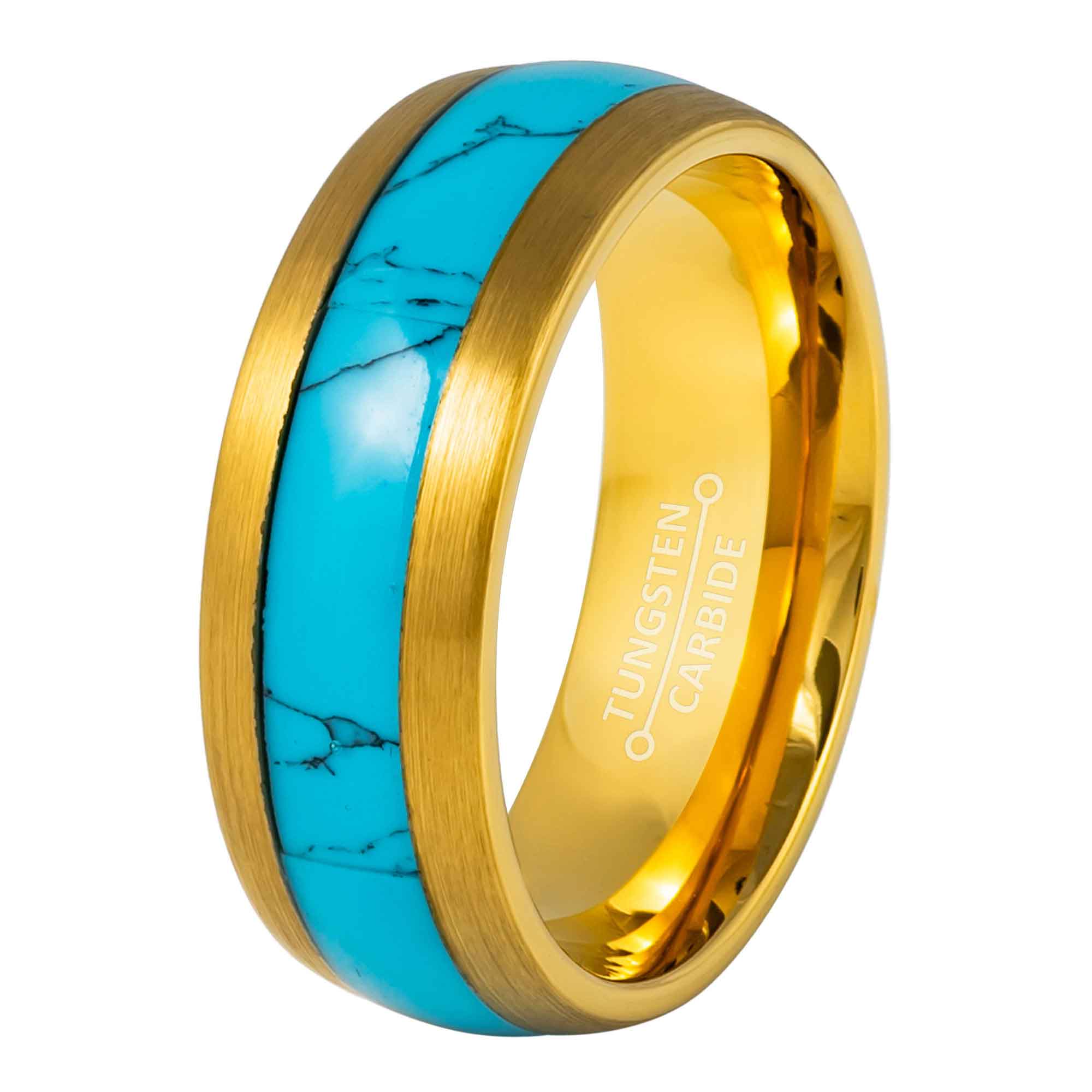 Dome Yellow Gold IP 8mm Blue Turquoise Inlay Wedding Band Comfort Fit