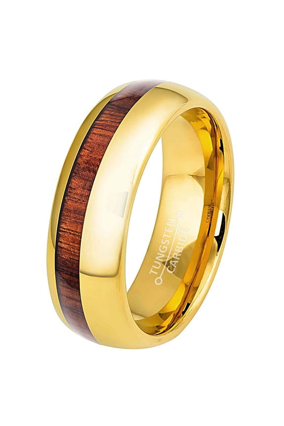 Koa Wood Inlay Gold Tungsten Wedding Ring, Mens Polished Dome Engagement Band 8MM