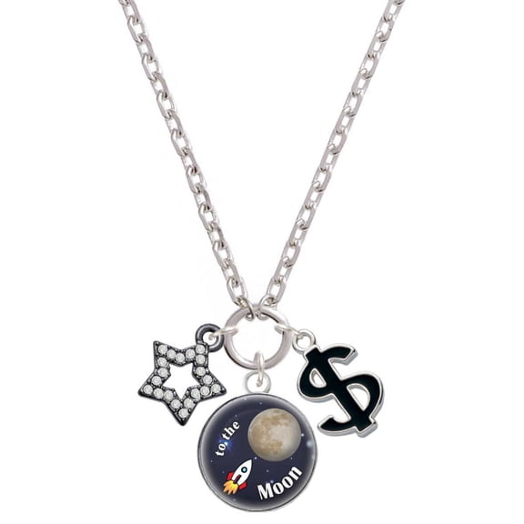 Domed Rocket To the Moon with Crystal Star and Dollar Sign - Silver tone Zoe Charm Necklace