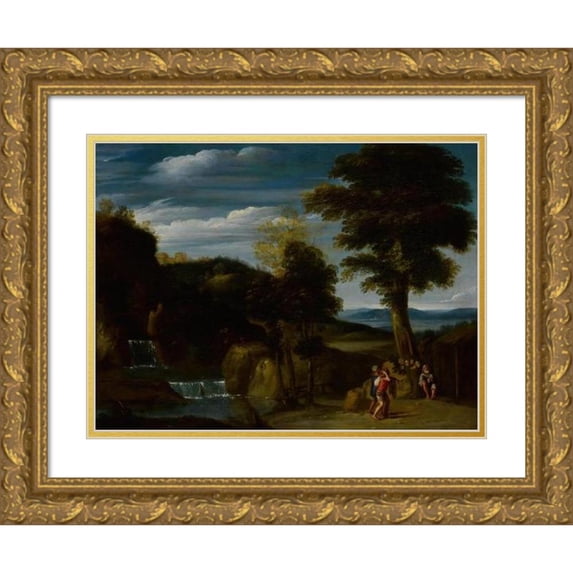 Domenichino 24x19 Gold Ornate Framed and Double Matted Museum Art Print Titled - Landscape with a Hermit