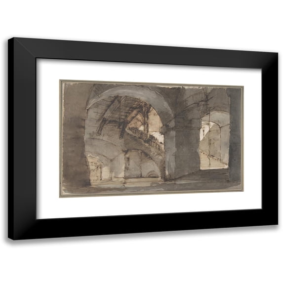 Domenico Fossati 14x11 Black Modern Framed Museum Art Print Titled - A Dungeon with High Vaults and a Staircase at Right. (1743-84)