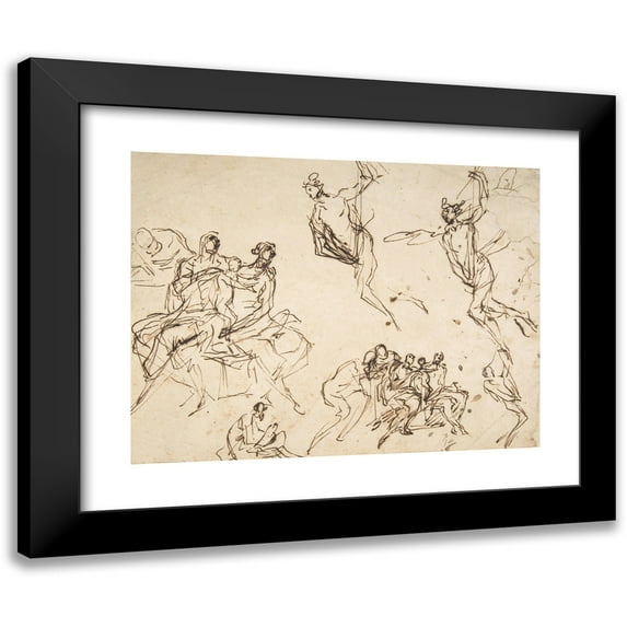 Domenico Gargiulo 14x12 Black Modern Framed Museum Art Print Titled - Studies of a Group of Seated Figures and of a Flying Figure (1612-75)