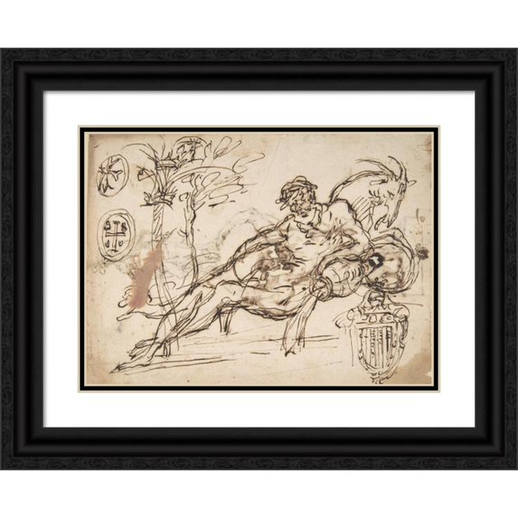 Domenico Gargiulo 24x18 Black Ornate Framed Double Matted Museum Art Print Titled: Cavalier Standing on a Globe Supported by a Kneeling Giant (1612-75)