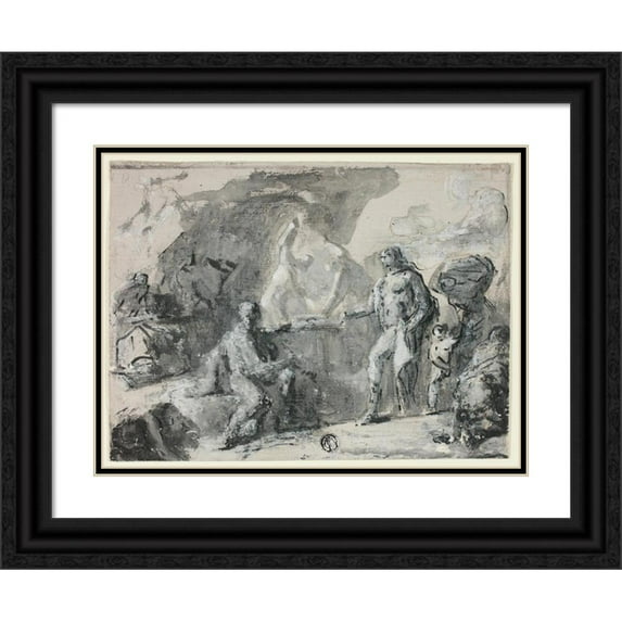 Domenico Mondo 14x12 Black Ornate Wood Framed Double Matted Museum Art Print Titled: Forge of Vulcan