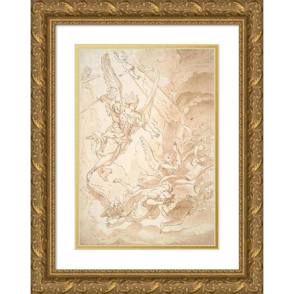 Domenico Piola 11x14 Gold Ornate Wood Frame and Double Matted Museum Art Print Titled - Fall of the Rebel Angels (17th Century)
