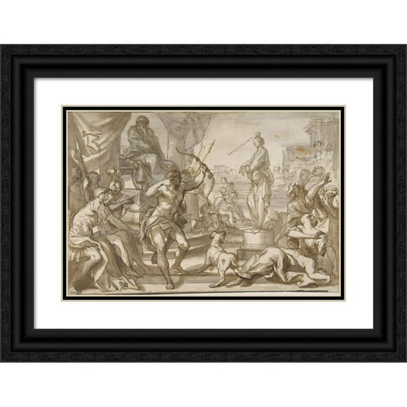 Domenico Piola 14x11 Black Ornate Wood Framed Double Matted Museum Art Print Titled: Male Figure with a Bow and Arrow Shooting at a Statue of a Woman with a Ball on Her Head (1627-1703)